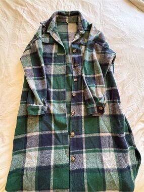 Women’s Green & Navy Plaid Button-Front Coat